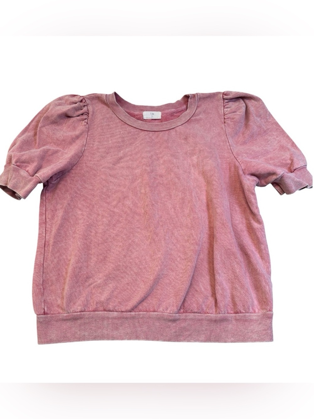 T Anthropologie T.La Puff Sleeve Cropped Sweatshirt Pink Mineral Wash Size L